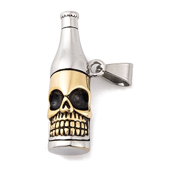 304 Stainless Steel Pendants, Skull Bottle Charm, Mixed Color, 44x17x14.5mm, Hole: 6.5x10mm