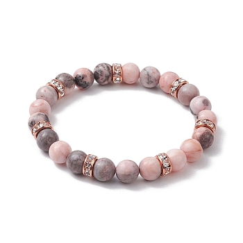 8.5mm Round Natural Pink Zebra Jasper Beaded Stretch Bracelets, Brass Rhinestone Spacer Bead Bracelets for Women, Rose Gold, Inner Diameter: 2-1/4 inch(5.6cm), Round: 8.5mm