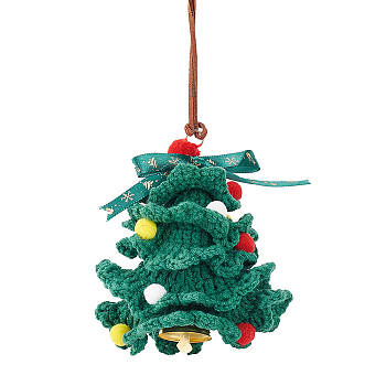 Crochet Christmas Tree Hanging Pendant Decorations, for Auto Rear View Mirror and Car Interior Hanging Accessories, Dark Green, 370~430mm