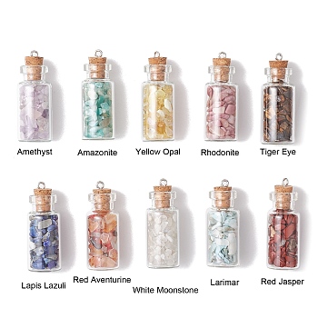 10Pcs 10 Styles Glass Bottle Pendants, Wishing Bottle Charms with Gemstone Chip Beads Inside, 42x16mm, Hole: 1.8mm, 1pc/style