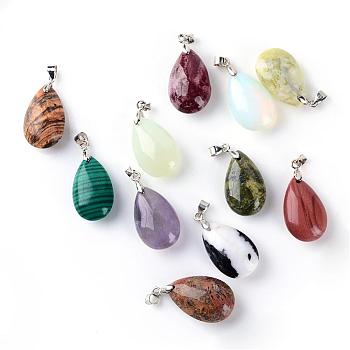 Natural & Synthetic Gemstone Pendants, with Brass Findings, teardrop, Platinum, Dyed, Mixed Color, 24~25x15~16x9~10mm, Hole: 4mm