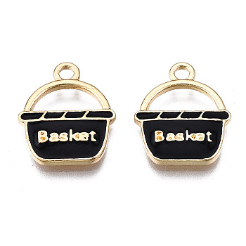 Alloy Pendants, with Enamel, Cadmium Free & Lead Free, Light Gold, Basket with Word, Black, 17x14x2mm, Hole: 2mm