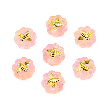 Transparent Spray Painted Glass Beads, with Golden Plated Brass Findings, Flower with Bees, Pink, 12x12x5mm, Hole: 1mm