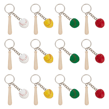 12Pcs 4 Colors Mini Baseball PU Leather Pendant Keychain with Wood Baseball Bat, with Iron Finding, Mixed Color, 82mm, 3pcs/color