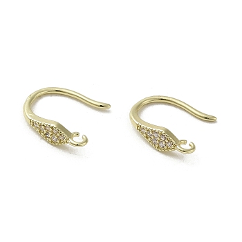 Brass Micro Pave Cubic Zirconia Earring Hooks, Long-Lasting Plated, Leaf, 12.5x3.5mm, Hole: 1.4mm, Pin: 0.8mm