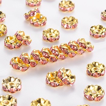 Brass Rhinestone Spacer Beads, Grade A, Rondelle, Golden and Nickel Free, Pink, about 8mm in diameter, 3.8mm thick, hole: 1.5mm