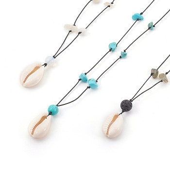 Natural & Synthetic Mixed Gemstone Necklaces, with Cowrie Shell Beads and Nylon Thread Cord, 16.4~16.7 inch(41.8~42.4cm)