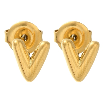 304 Stainless Steel Stud Earrings, Real 14K Gold Plated, Letter V, 7.5x6.5mm