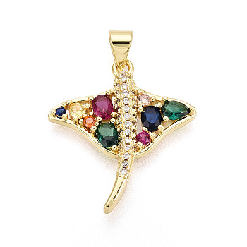 Brass Micro Pave Cubic Zirconia Pendants, Manta Ray Charms, Real 18K Gold Plated, 24x21.5x3.5mm, Hole: 3.5x5~5.5mm