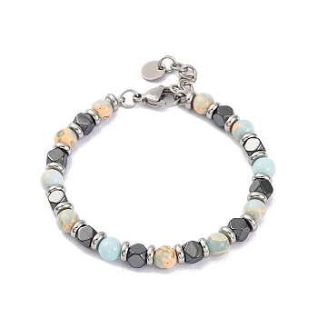 Synthetic Shoushan Stone & Magnetic Synthetic Hematite Round Beaded Bracelet, 8-1/4 inch(21cm)