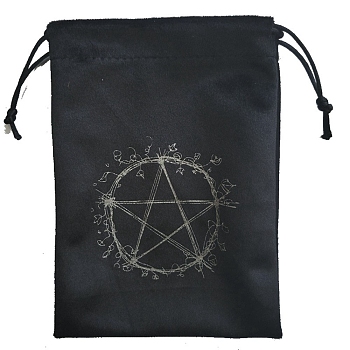 Velvet Pentagram Print Storage Pouches, Drawstring Bag, Rectangle, Black, 18x13cm