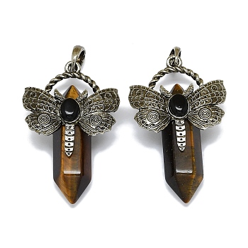 Natural Tiger Eye Faceted Pointed Bullet Big Pendants, Rack Plating Antique Silver Plated Alloy Butterfly Charms, Cadmium Free & Lead Free, 54x33.5x18.5~19mm, Hole: 6.5x7.5mm