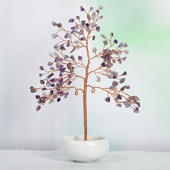 Undyed Natural Amethyst Chips Tree of Life Display Decorations, with Porcelain Bowls, Copper Wire Wrapped Feng Shui Ornament for Fortune, 145x205mm