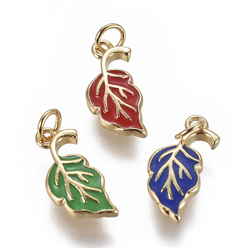 Brass Enamel Charms, Leaf, Golden, Mixed Color, 14x6.5x2mm, Hole: 2.5mm