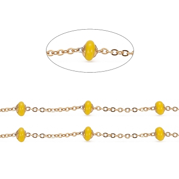 Stainless Steel Satellite Chains, with Enamel Beads and Spool, Soldered, Long-Lasting Plated, Flat Round, Golden, Yellow, 1.5x1.2x0.3mm, about 32.8 Feet(10m)/roll