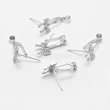925 Sterling Silver Pendant Bails, with Cubic Zirconia, Ice Pick & Pinch Bails, Bowknot, Platinum, 3.5x9mm Inner Diameter, 19.5x8x6mm, Hole: 3x3.5mm and 1mm, Pin: 0.5mm(STER-E050-15P)