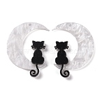 Halloween Printed Acrylic Pendants, Moon with Cat Charm, Left and Right, White, 35.5x26x2mm, Hole: 1.5mm, 2pcs/set(X-MACR-M021-01-1)
