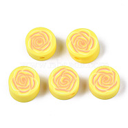 Handmade Polymer Clay Beads, for DIY Jewelry Crafts Supplies, Flat Round with Flower, Yellow, 9.5x3.5~5mm, Hole: 1.8mm(CLAY-N008-022J)