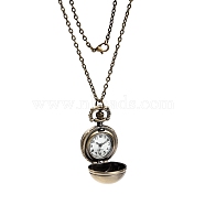 Retro Alloy Round Ball Pendant Necklace Quartz Pocket Watches, with Iron Cable Chains and Lobster Clasps, Antique Bronze, 31.5 inch, Watch: 41x27x26mm(WACH-M034-04AB)