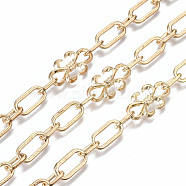 Alloy Paperclip Chains, Drawn Elongated Cable Chains, Fleur De Lis Link Chains, Long-Lasting Plated, Unwelded, Cadmium Free & Nickel Free & Lead Free, Golden, Link: 15x7.5x2mm and 10x6x1.5mm, Flower: 21.5x11.5x3.5mm(LCHA-T001-07LG-NR)
