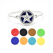 Brass Diffuser Locket Bangles, with Alloy Findings, Starfish/Sea Stars 304 Stainless Steel Findings and Random Single Color Non-Woven Fabric Cabochons Inside, Magnetic, Flat Round, Random Single Color, 2-3/8 inch(60mm)(BJEW-Q691-01)