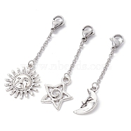 Tibetan Style Alloy Pendant Decoration, with 304 Stainless Steel Lobster Claw Clasps, Sun/Moon/Star, Antique Silver & Stainless Steel Color, 54~57x2mm, 3pcs/set.(HJEW-JM01226-02)