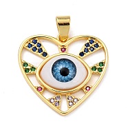 Brass Micro Pave Colorful Cubic Zirconia Pendants, with Resin, Real 18K Gold Plated, Heart with Eye, Light Sky Blue, 24x25.5x6mm, Hole: 6.5x3.5mm(ZIRC-A021-01G-D)