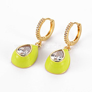 Brass Micro Pave Clear Cubic Zirconia Huggie Hoop Earrings, with Enamel, Nickel Free, Teardrop, Golden, Green Yellow, 33mm, Pin: 1mm(EJEW-T046-41E-NF)