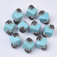 Synthetic Turquoise Beads, with Polymer Clay Rhinestones, Cube, Turquoise, 24.5~25.5x20.5x18mm, Hole: 0.8mm, PP12(1.8~1.9mm)(TURQ-T003-01C-01)