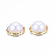 Plated ABS Plastic Imitation Pearl Beads, with Golden Rack Plating Alloy, Half Hole, Cadmium Free & Lead Free, Half Round/Dome, White, 18.5x9mm, Half Hole: 1.2mm(PACR-T012-01)