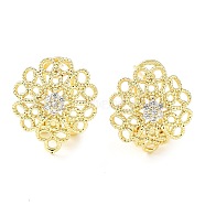 Flower Brass Micro Pave Cubic Zirconia Stud Earrings Finding, with Horizontal Loops, Cadmium Free & Lead Free, Real 18K Gold Plated, 16x15mm, Hole: 1.2mm, Pin: 0.8mm(KK-E083-16G)