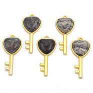 Natural Map Stone/Picasso Stone/Picasso Jasper Pendants, with Light Gold Plated Brass Findings, Key with Heart Charm, 38x17x6.5~7mm, Hole: 1.8mm(G-N326-158-05)