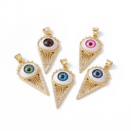 Rack Plating Brass Micro Pave Cubic Zirconia Pendants, with Resin, Cadmium Free & Nickel Free & Lead Free, Real 18K Gold Plated, Cone with Evil Eye, Mixed Color, 32x15x6.5mm, Hole: 3x4mm(KK-B060-03G)