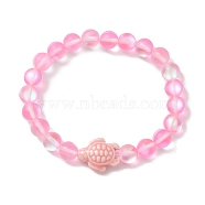 8mm Round Dyed Synthetic Moonstone Beaded Stretch Bracelets, Beach Tortoise Handmade Porcelain Bracelets for Women, Pink, Inner Diameter: 2 inch(5.2cm), Bead: 8mm, Tortoise: 18.5x15mm(BJEW-JB10308-01)