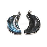 Natural Labradorite Pendants, Crescent Moon Charms with Platinum Plated Rack Plating Brass Snap on Bails, 36x25x8mm, Hole: 5x4mm(G-B085-16P)