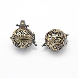 Brass Rack Plating Cage Pendants, For Chime Ball Pendant Necklaces Making, Lead Free & Cadmium Free, Round with Vine, Brushed Antique Bronze, 27x24.5x20.5mm, Hole: 4x6mm, Inner: 18mm, Fit For 3mm Rhinestone(KK-F722-64AB-RS)