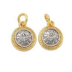 Long-Lasting Plated Brass Pendants, with Jump Rings, Flat Round with Flower, Real 18K Gold Plated, 14~14.5x12x3mm, Hole: 4mm(KK-K387-03G)