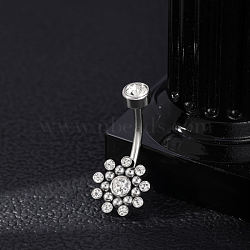 304 Stainless Steel Clear Cubic Zirconia Curved Barbell Belly Button Rings, Stainless Steel Color, Flower, 24.5mm, Pin: 1.6mm, Head: 4.5x5mm(AJEW-D306-03P-01)