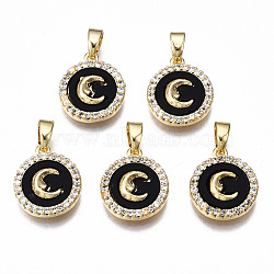 Brass Micro Pave Clear Cubic Zirconia Charms, with Enamel, Nickel Free, Flat Round with Moon, Real 18K Gold Plated, Black, 14x12x3mm, Hole: 2.5x4.5mm(KK-T063-86-NF)