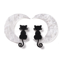 Halloween Printed Acrylic Pendants, Moon with Cat Charm, Left and Right, White, 35.5x26x2mm, Hole: 1.5mm, 2pcs/set(X-MACR-M021-01-1)
