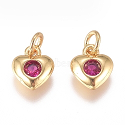 Brass Micro Pave Cubic Zirconia Charms, with Jump Ring, Long-Lasting Plated, Heart, Golden, Hot Pink, 8x6.5x2mm, Hole: 3mm(ZIRC-G168-58G-02)