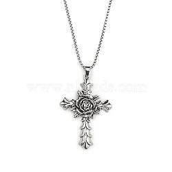 201 Stainless Steel Chain, Zinc Alloy Pendant Necklaces, Cross, Antique Silver & Stainless Steel Color, 23.43 inch(59.5cm)(NJEW-C034-11P)