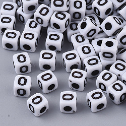 White Opaque Acrylic Beads, Horizontal Hole, Cube with Black Alphabet, Letter.O, 4~5x4~5x4~5mm, Hole: 1.8mm, about 240pcs/20g(X-MACR-R869-02O)