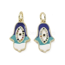 Real 18K Gold Plated Brass Micro Pave Cubic Zirconia Pendants, with Enamel and Jump Ring, Hamsa Hand with Evil Eye Charms, Colorful, 19.5x11.5x2.5mm, Hole: 4mm(KK-L209-078G-01)