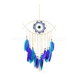 Iron Woven Web/Net with Feather Pendant Decorations, with Wood and Plastic Beads, Covered with Lint and Cotton Cord, Evil Eye, Deep Sky Blue, 675mm(AJEW-B016-07B)