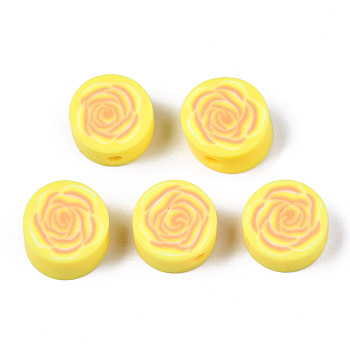 Handmade Polymer Clay Beads, for DIY Jewelry Crafts Supplies, Flat Round with Flower, Yellow, 9.5x3.5~5mm, Hole: 1.8mm