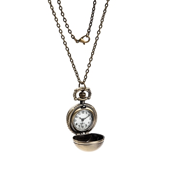 Retro Alloy Round Ball Pendant Necklace Quartz Pocket Watches, with Iron Cable Chains and Lobster Clasps, Antique Bronze, 31.5 inch, Watch: 41x27x26mm