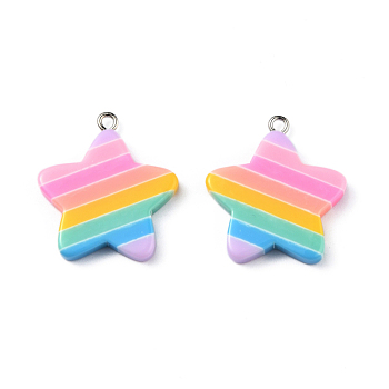 Rainbow Star Resin Pendants, with Platinum Plated Iron Peg Bails, Colorful, 28.5x26x4mm, Hole: 2mm