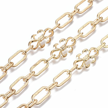Alloy Paperclip Chains, Drawn Elongated Cable Chains, Fleur De Lis Link Chains, Long-Lasting Plated, Unwelded, Cadmium Free & Nickel Free & Lead Free, Golden, Link: 15x7.5x2mm and 10x6x1.5mm, Flower: 21.5x11.5x3.5mm