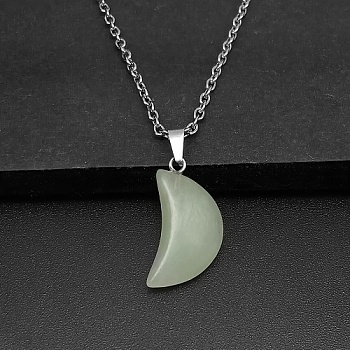 Moon Natural Green Aventurine Pendant Necklaces, with Platinum Alloy Cable Chains, 19.69 inch(50cm)